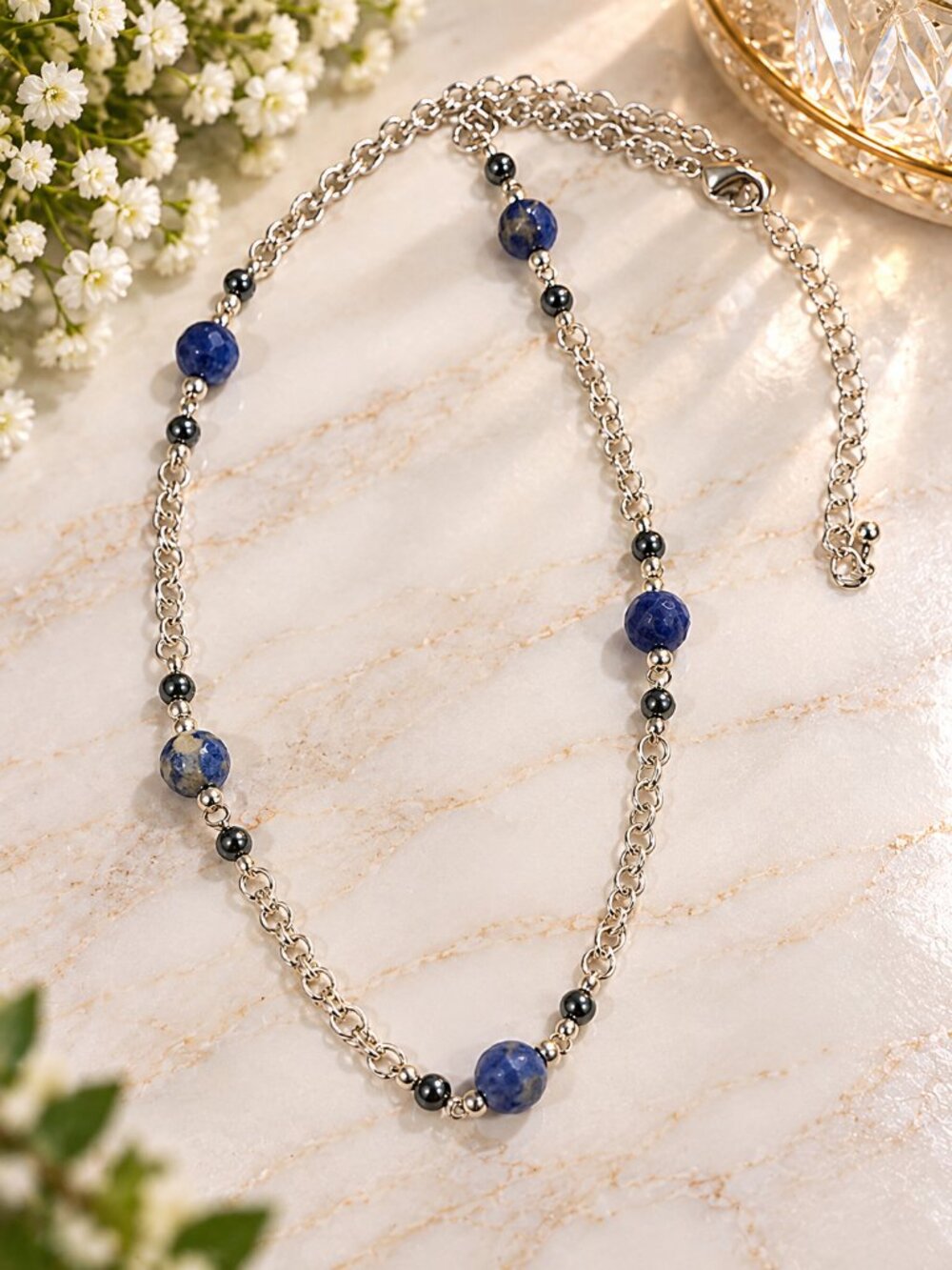 Blue Sodalite Style Beaded Necklace Silver Chain Adjustable - Fashion Jewelry